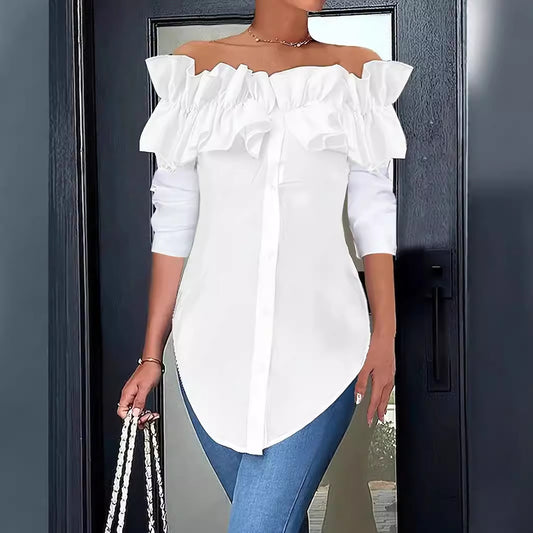 👩Autumn simple solid color one shoulder ruffled shirt top for women👗